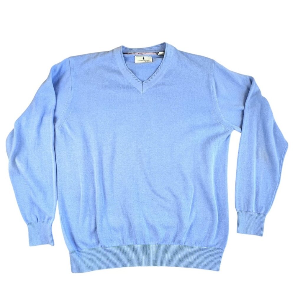 Southern Pines Mens Large Sweater Blue V Neck Pullover Lightweight Knit Casual